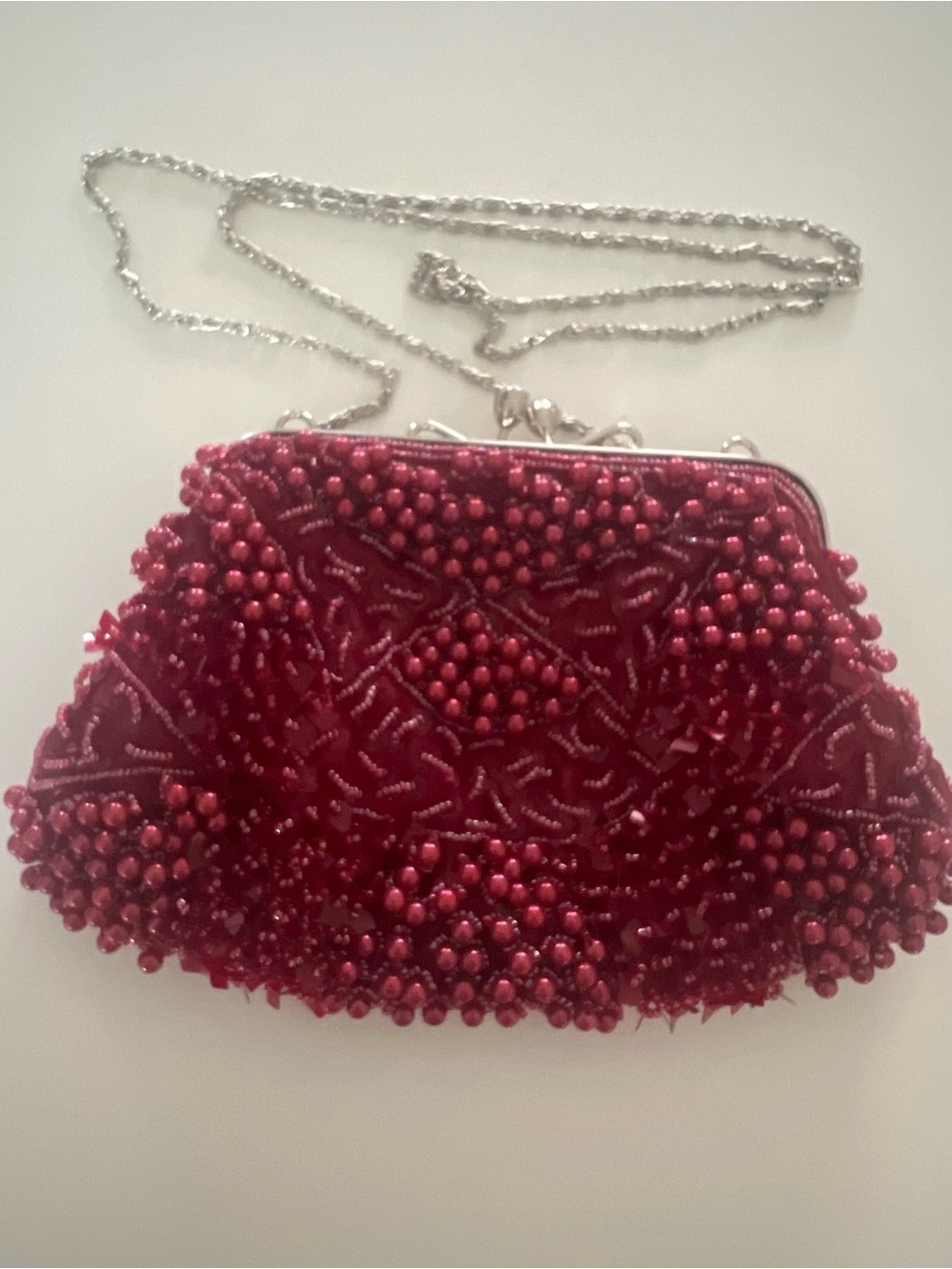 Beaded Red Evening Clutch with Silver Chain Strap 10โx 6โ